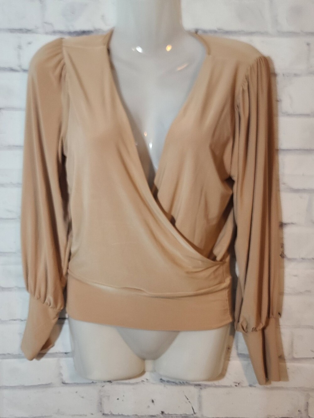 21 Saints Beige V-Neck Ruched Wrap Front Long Sleeve Blouse M